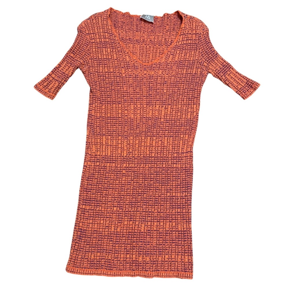 La Fee Maraboutee Women's Sm Orange Purple Ribbed‎ V-Neck Mini Dress 90s Stretch